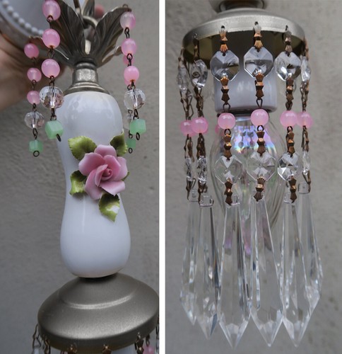 2 PLATEADAS Porcelana Rosa Aplique Lámpara Vintage Guirnalda de Cuentas Opalino Latón Tole - Imagen 6 de 12