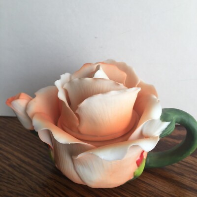Enesco Otagiri Cosmos Rose Petal Teapot Trinket Box Coral Orange w/ Leaf Handle