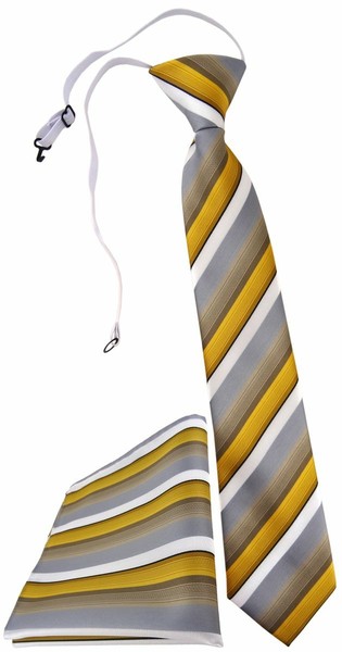 Tigertie Kinderkrawatte + Einstecktuch In Gold Grau Weiss Gestreift-image