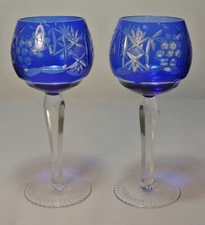 BOHEMIAN COBALT BLUE CUT TO CLEAR CRYSTAL WINE GLASSES AJKA ? NACHTMAN ?