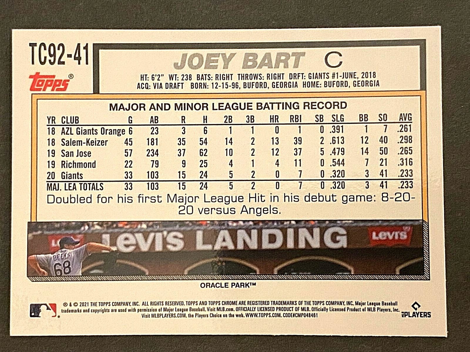 JOEY BART, GIANTS, CATCHER, 2021 ROOKIE CARD RC, TOPPS CHROME REFRACTOR