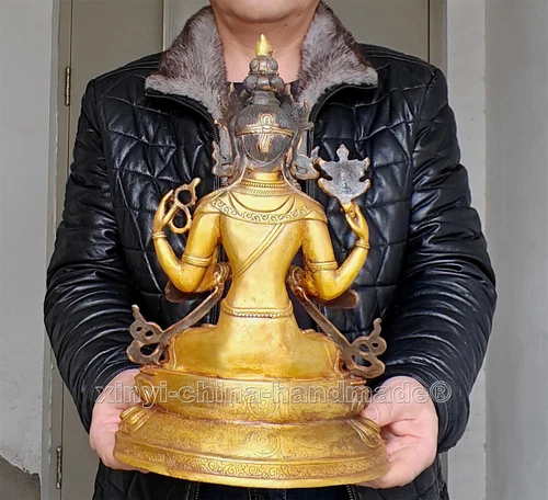 Antique Kwan-yin Buddha Statue blessed 4 arms guanyin Old Bronze gilt 12.4“/31cm - Picture 9 of 10