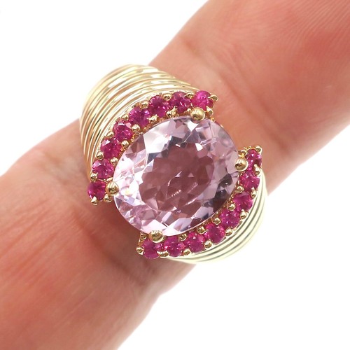 Fabulous 14k Solid Yellow Gold Natural Kunzite and Pink Sapphire Ring Size 7 - Picture 4 of 6