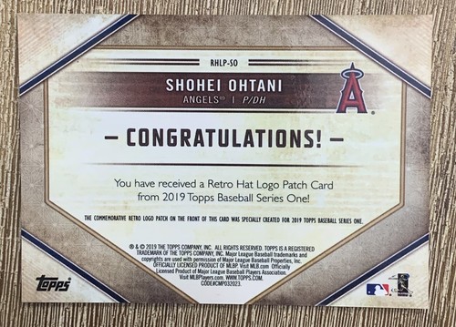 2019 Topps Series One Shohei Ohtani Retro Hat Logo Patch Card RHLP-SO - Picture 2 of 2