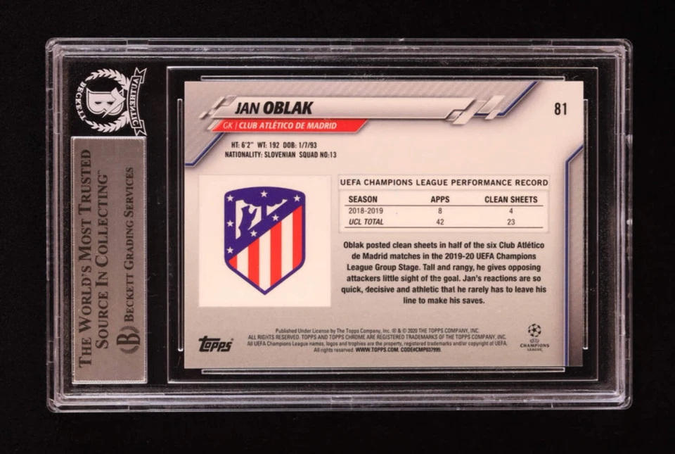 Jan Oblak Signed 2019-20 Topps Chrome UCL Speckle Refractors #81 (BGS) Beckett W - Image 2 of 2