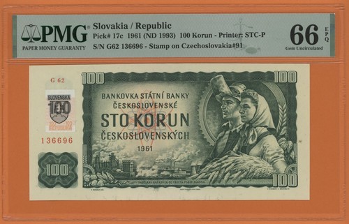 SLOVAKIA 100 KORUN 1961 ( 1993 ) PICK # 17c PMG 66 GEM UNCIRCULATED EPQ.
