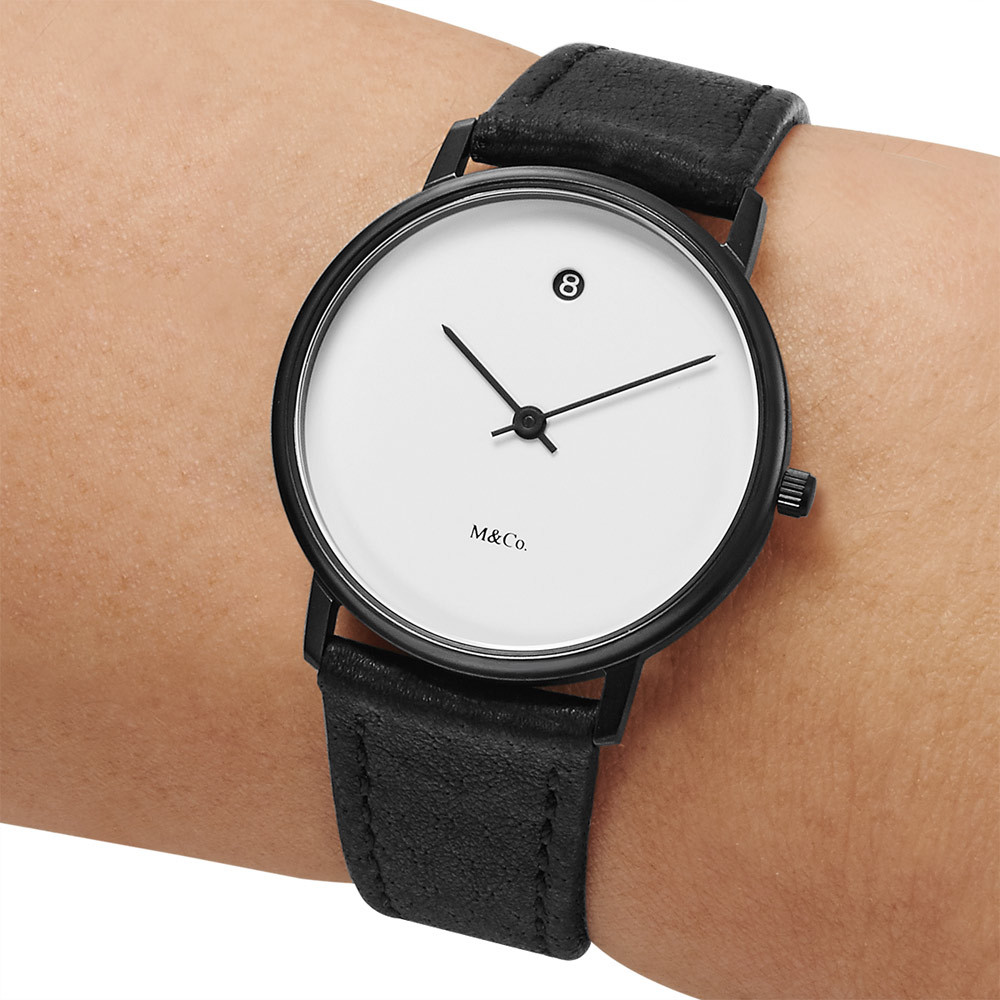 Projects Watches ""Bodoni Date"" Quartz Steel Black White Leather Date Unisex Watch