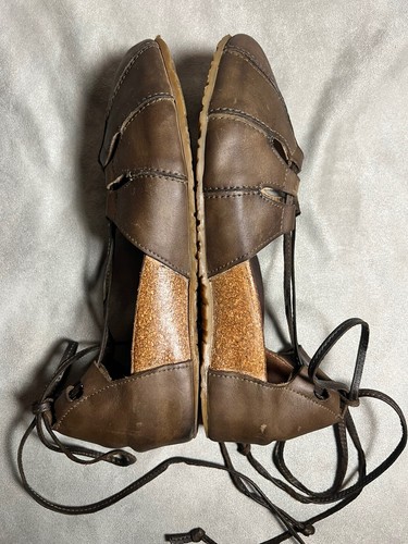 HAFLINGER Eva Wedge Ankle Wrap Lace Up Sandals Brown Khaki Leather sz 8 EUC - Picture 8 of 11