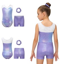 Kids Girls Gymnastics Hairband Leotard Shiny Dance Outfit Metallic Bodysuit Set
