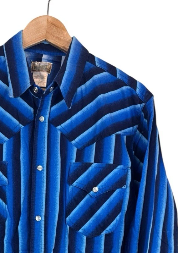 Express Riders Western Shirt Mens Large L Blue Striped Pearl Snap Cowboy