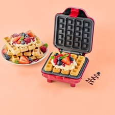 Image of Heat & Eat Square Waffle Maker Perfect Compact Appliance For Any Home - Red