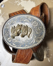 Vintage Diablo Cowboy Sterling Silver 3 Horse Heads Western Belt Buckle/tip/belt