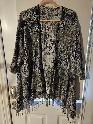 Soft Surroundings Emory Cardigan W/Fringe Trim Sequin Beaded Details Size L/XL