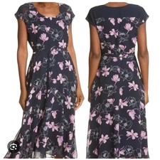 Club Monaco Silk Floral Handkerchief Hem Midi Dress Navy Blue Purple Size 4