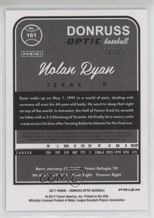 2017 Panini Donruss Optic Black Prizm /25 Nolan Ryan #161 HOF - Image 2 of 2