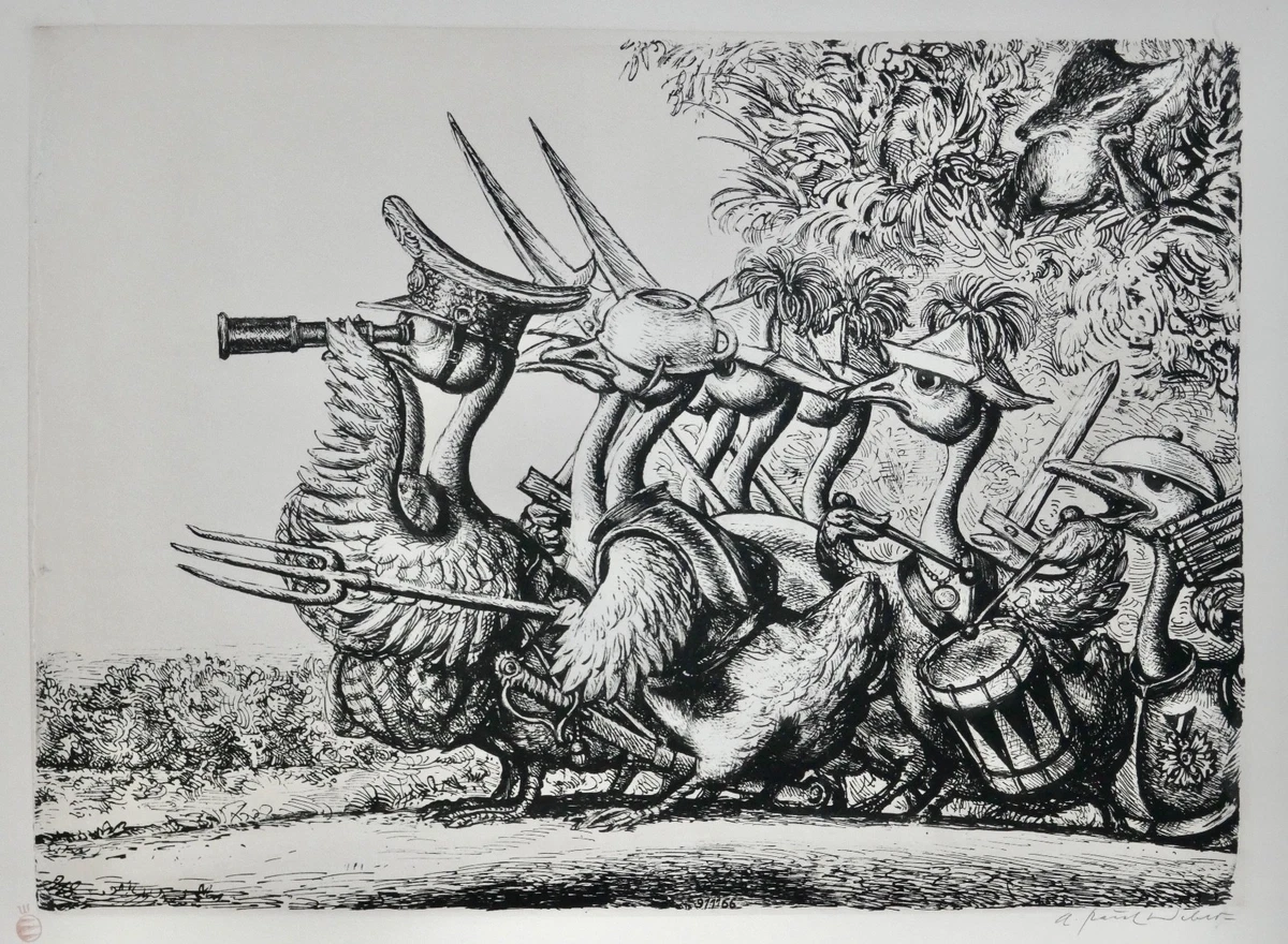 A. Paul Weber, Lithographie, signiert, Wir werden den Fuchs schon töten