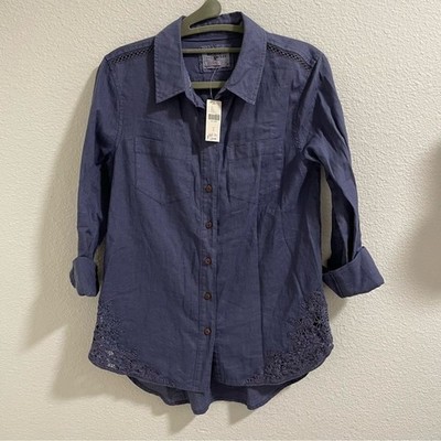 Holding horses anthropology intricate detailed Women's Blue Button-Up Top NEW