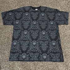 Vintage Skulls Cyber All Over Print Black T-shirt XL Y2K Goth AAA ALSTYLE Crew