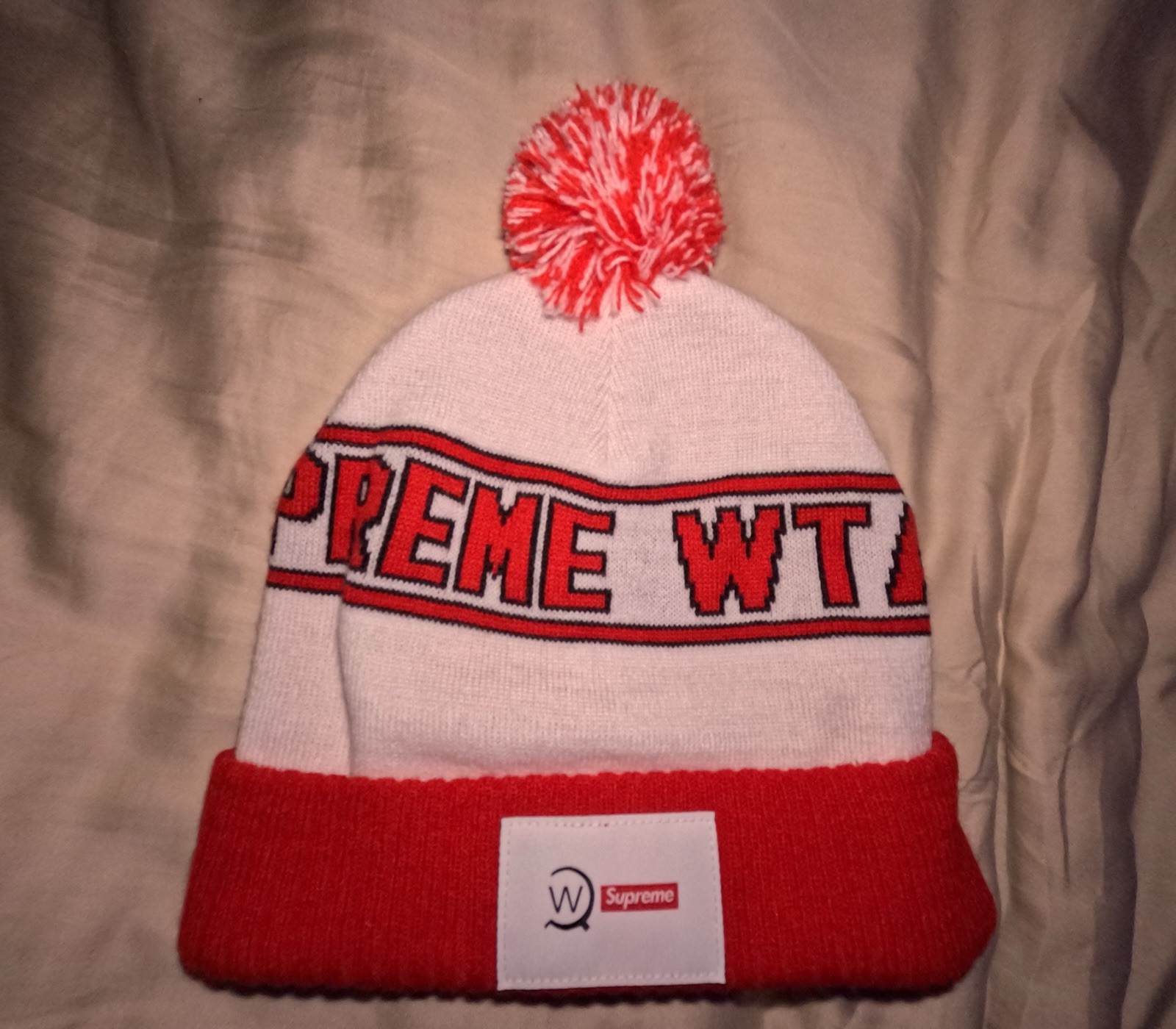 Supreme x WTAPS beanie white and red lightly used twice