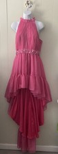 NWT Mac Duggal Halter Neck High-Lo Flowy Formal Gown Hot Pink Embellished Sz 8