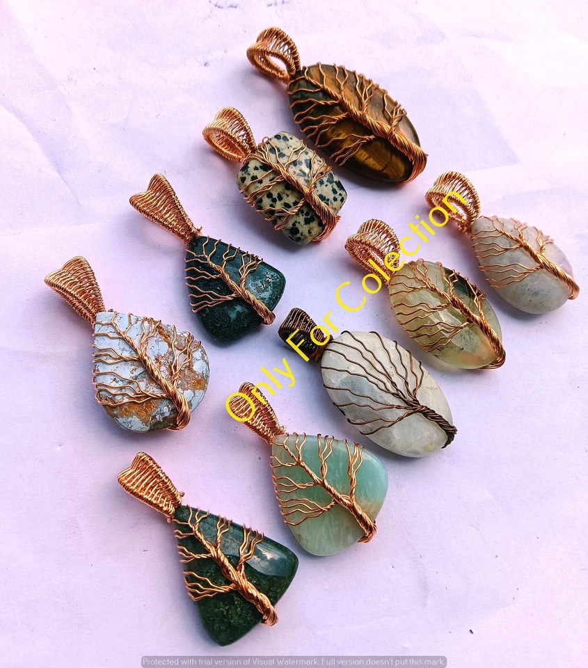 Lote de pingente de olho de tigre e mistura de pedras preciosas árvore da vida fio de cobre joias embrulhadas - Imagem 3 de 3