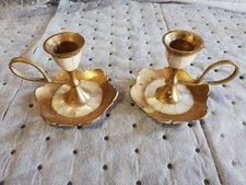 CANDELABRI PORTACANDELE COPPIA OTTONE MADREPERLA VINTAGE