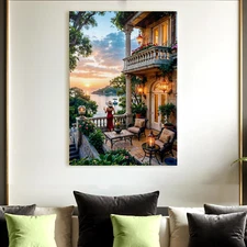 Mediterranean Sunset Villa Canvas Art – Coastal Balcony Elegant Decor