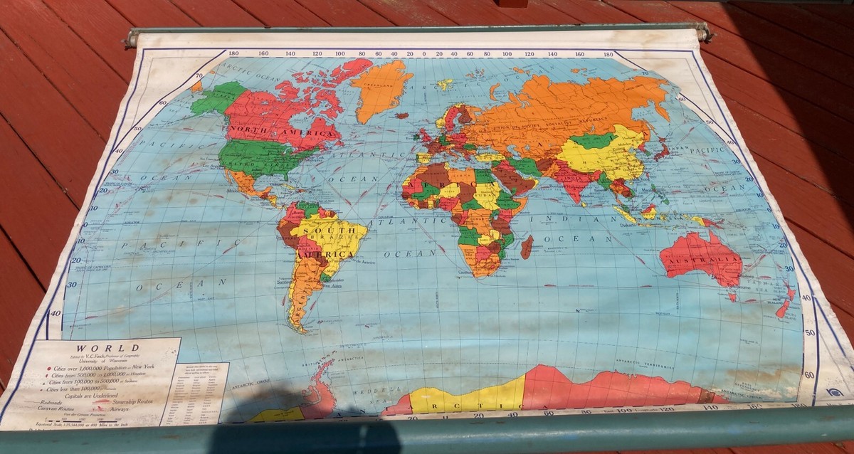 英語版　All About Maps Vintage 1964 Roll Up World Map Nystrom F98 Van der Grinten