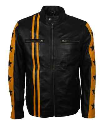 Men's New Motorcycle Yellow Star Cafe Racer Genuine Leather Fashion Biker Jacket