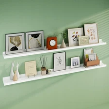 Floating Picture Ledge Shelves 72 Inch Solid Oak Wood Set of 2, Rustic Wall Stor