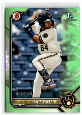 2022 Bowman Prospects Neon Green Paper Felix Valerio /399 #BP-128 1st Milwaukee