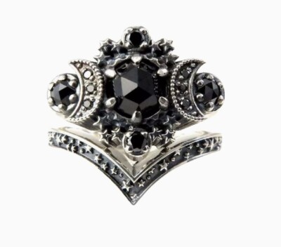 2 Stück/Set Gothic Kosmischer Mond Ring mit Mond & Stern Dark Style Ring.