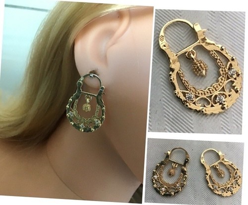 Boucles D'oreilles Créoles Pendantes Style Savoyard - Plaqué Or - Turquoise - Rasantine 54