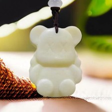 Natural Real Jade Bear Pendant Necklace Amulet Gemstones Vintage Carved Jewelry