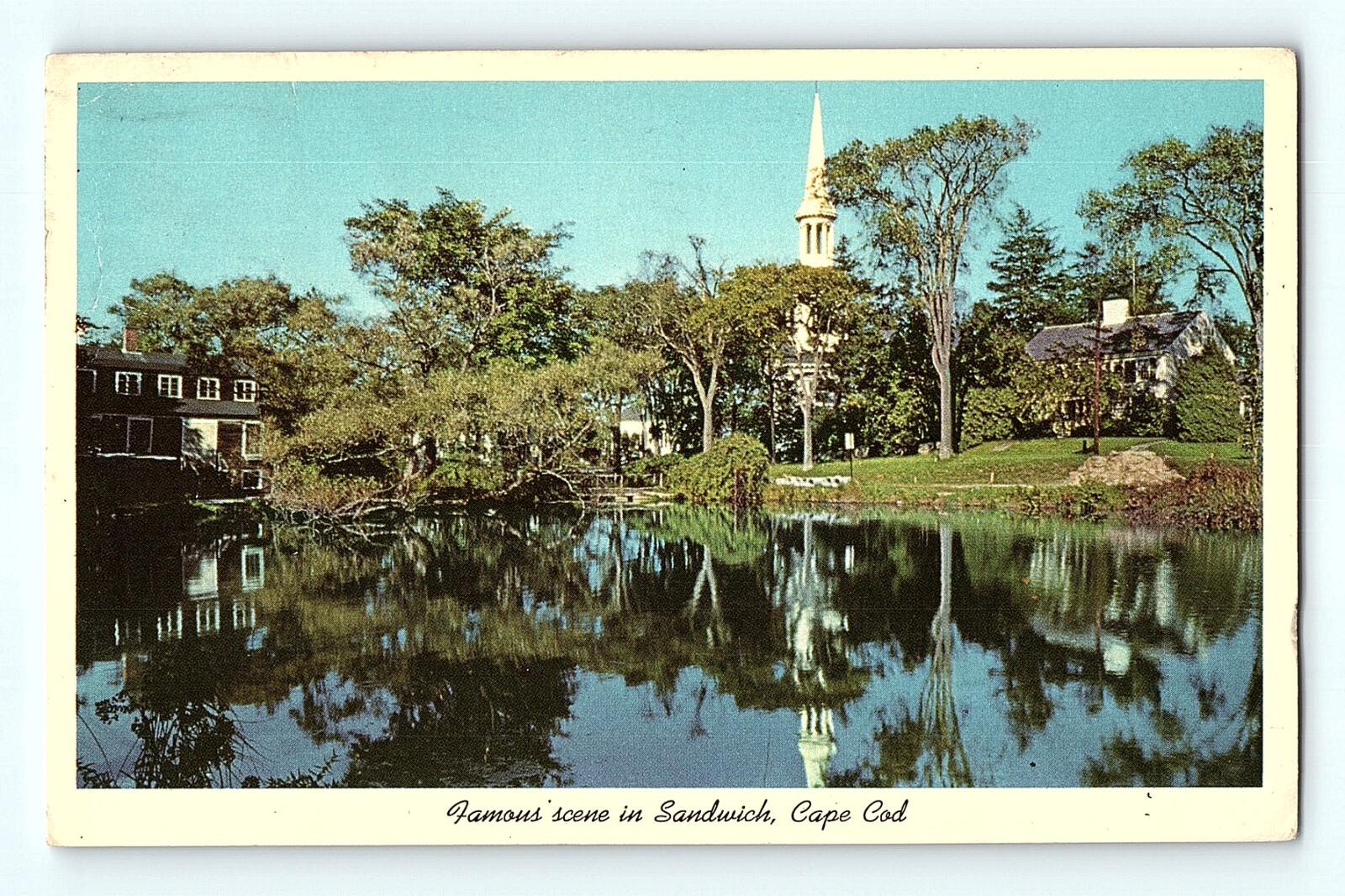 Beautiful Scene of Sandwich Cape Cod Mass Old Water Mill Pond Church Postcard E9