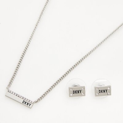 DKNY Doppelpack Silberfarben Marken Stab Halskette & Ohrringe Schmuck Set Verpackt