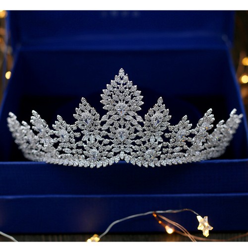 Corona tiara de boda reina hoja circonita cúbica de lujo para mujer - Imagen 3 de 5