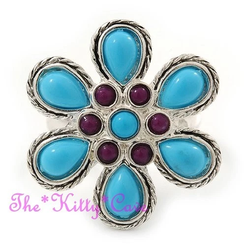 Anillo de flores de margarita floral de plata turquesa y violeta shabby boho elegante retro étnica Foto 2 de 4