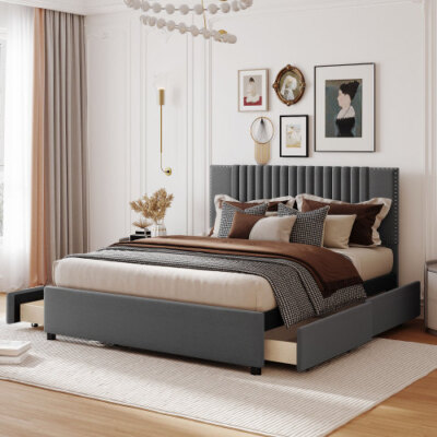 Full Queen Size Bed Frames with 4 Drawers Upholstered Platform Bed Bedroom Sets