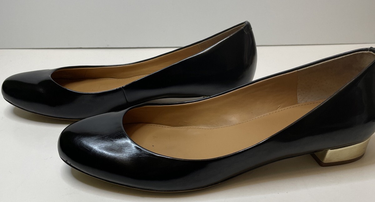 Crew Black Patent Leather Ballet Style Flat Shoe Gold Heels