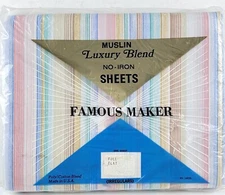 NIP vintage 70s FAMOUS MAKER STRIPED FLAT SHEET muslin luxury blend 80s USA NOS
