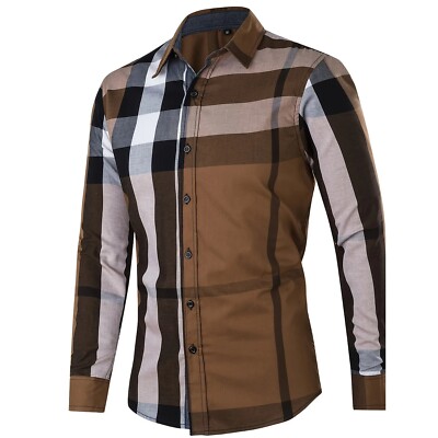 Mens Plaid Shirt Engineered Stripes Men Button Up New Casual Dress Long Sleeve