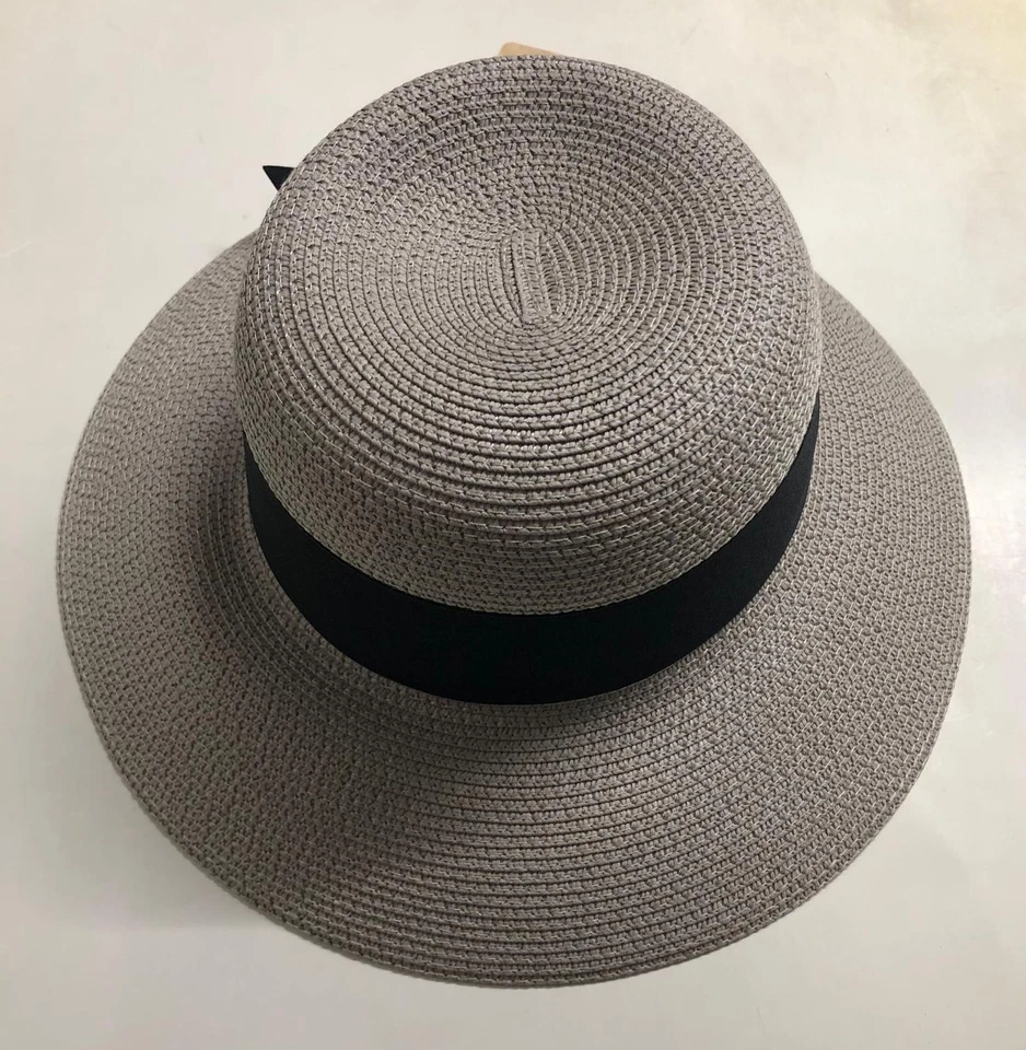 Sombrero para el sol flojo de paja de papel Cloche empacable para iglesia con arco negro de playa FPS50 Foto 2 de 4