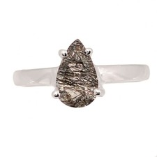 Natural Tourmalated Quartz / Black Rutile, Sri Lanka 925 Silver Ring s.8 CR73596