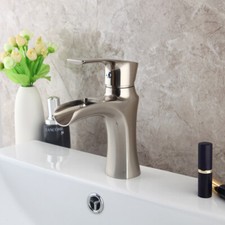 Cute Brushed Nickel Bathroom Waterfall Spout Taps Vanity Basin Taps Deck Mounted