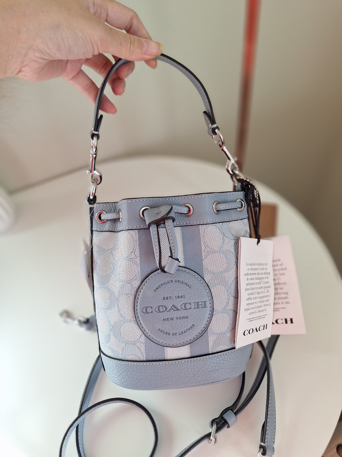 NWT Coach Mini Dempsey Signature Jacquard with Stripe and Patch Bucket Bag Blue