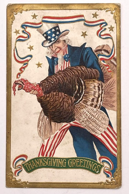 Thanksgiving Turkey Uncle Sam Patriotic Gilt Embossed Vintage Postcard