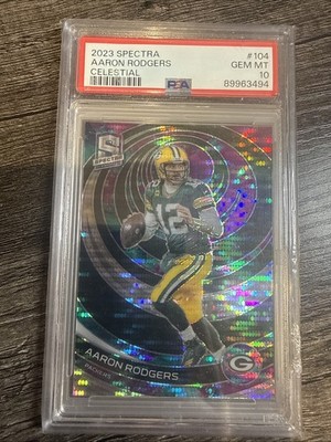 2023 Panini Spectra Aaron Rodgers #104 Celestial Prizm /99 Jersey Match PSA 10