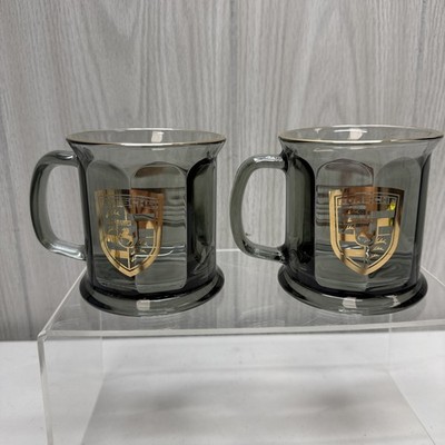 RARE Vintage Pair of Porsche Smoked Glass Mugs 4''