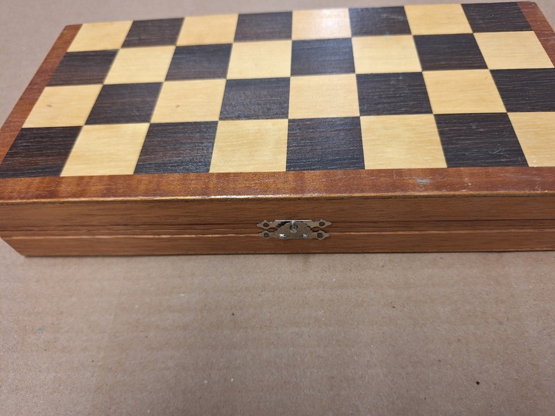 Chess Set with wooden board, appears to be Chinese dark blue & white game pieces